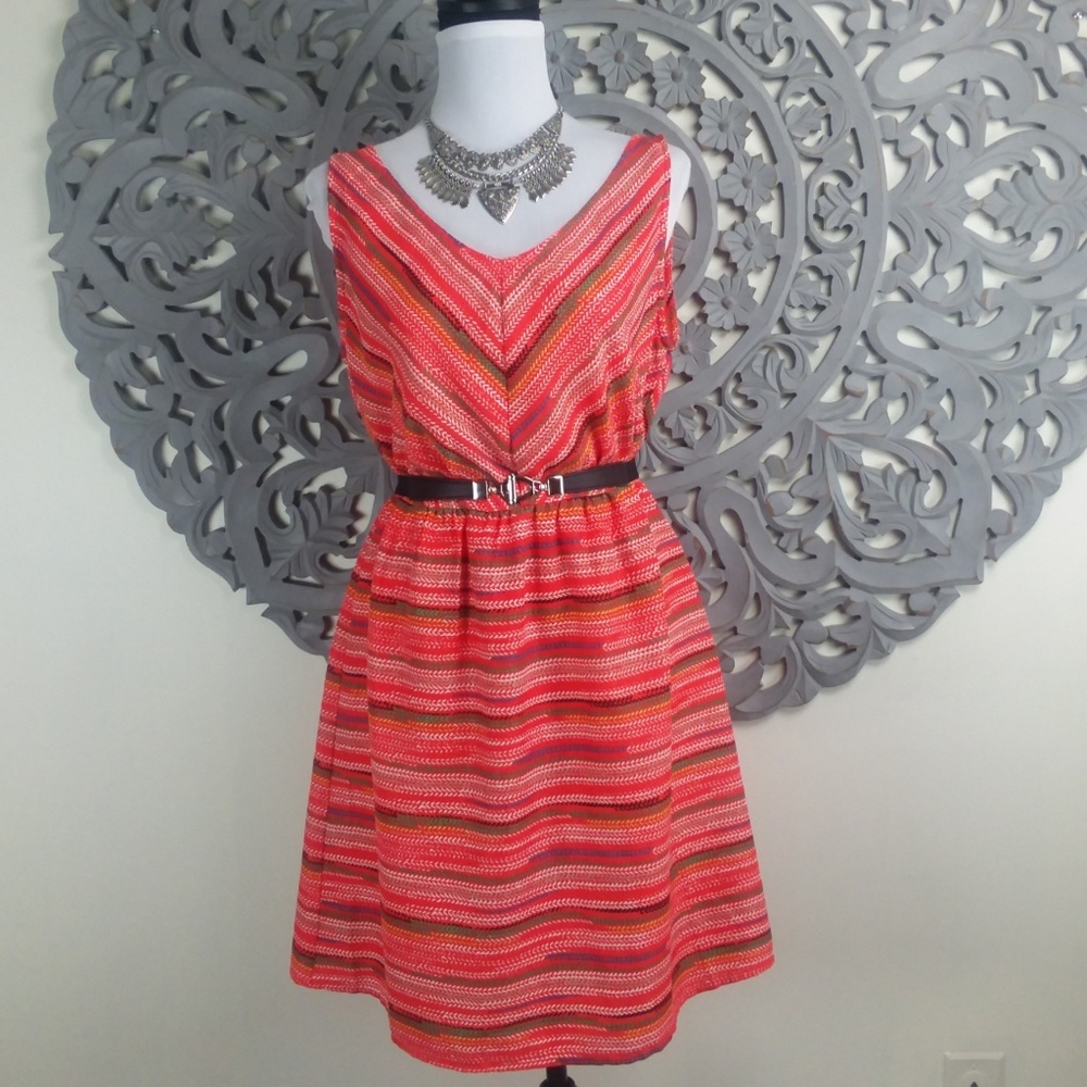 Tulle Orange V-Neck Knee Length Sleeveless Dress